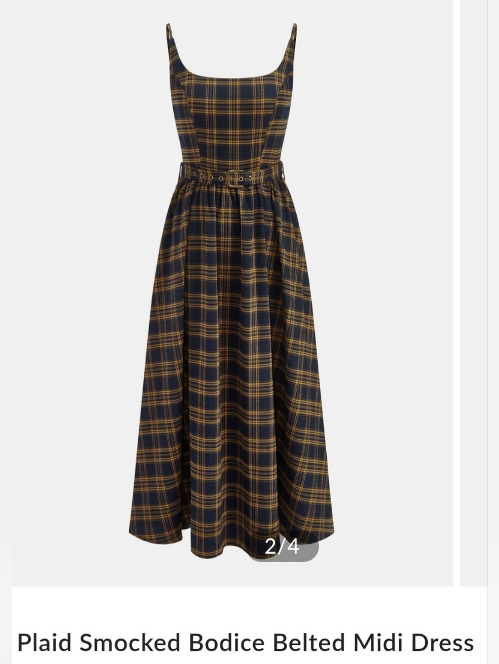 Smocked Bodice Plaid Midi Dress with Belt - Navy & Mustard